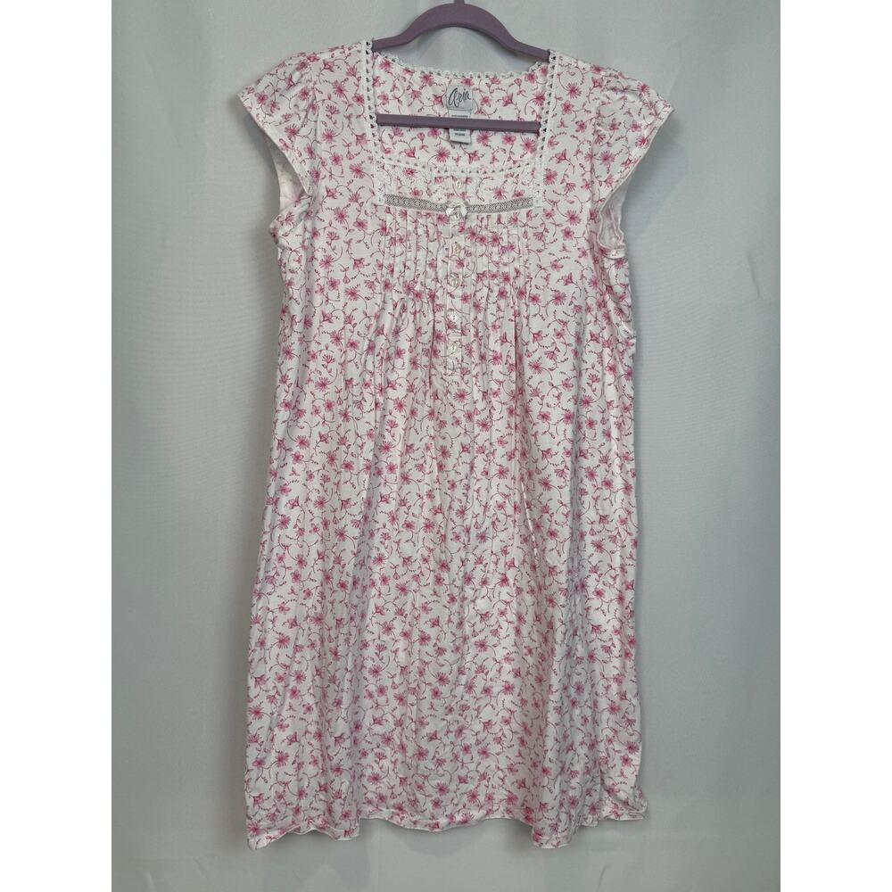 Aria Vintage Nightgown Size M Pink Floral 100% Cotton Lace Cottagecore 1980s